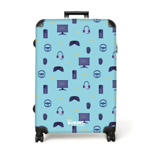Gamer patroon met spelaccessoires op blauw NBS - Large koffer - Volwassenen Unisex groot -3d