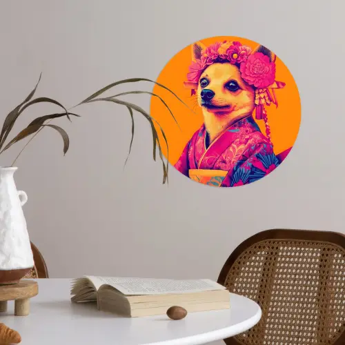 Kimono - Hondje - Bloemenkroon - Oranje Wandcirkel behangsticker klein -sfeer3
