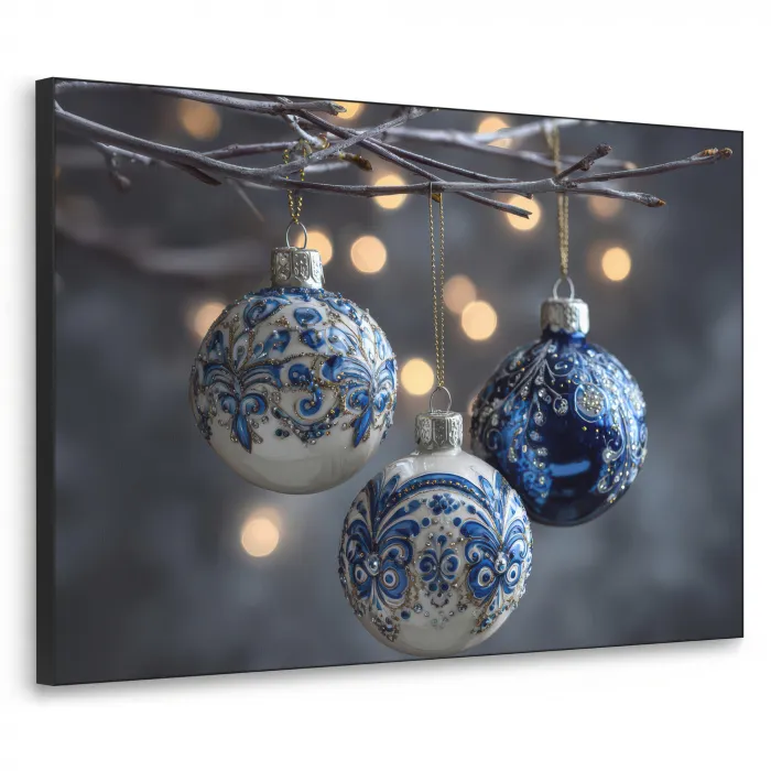 Kerstbal - Versierd - Blauw Textielframe zwart klein -3d