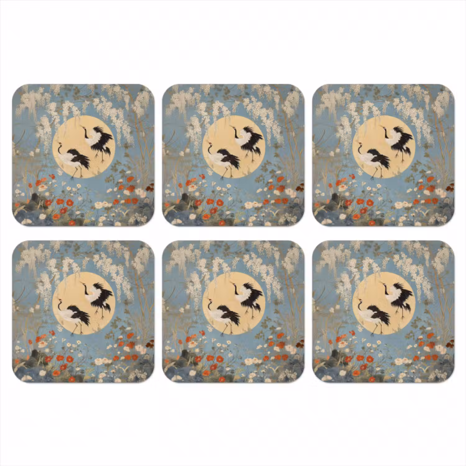 Untersetzer​ - Kraniche - Mond - Blumen - Blau