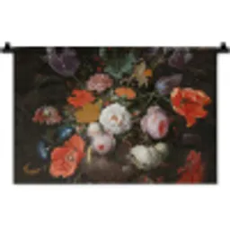Stilleven met bloemen en een horloge - Schilderij van Abraham Mignon Wandkleed katoen klein -zz3d