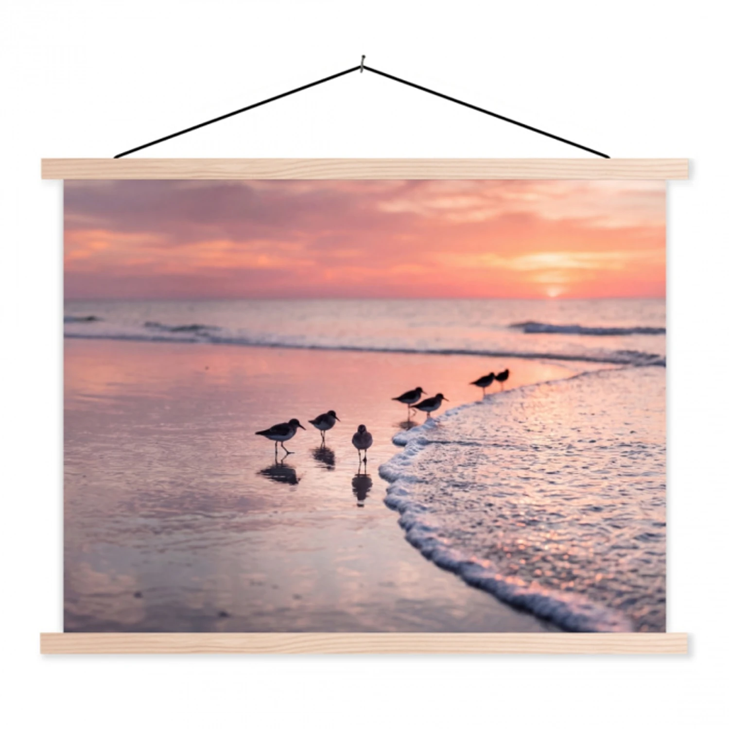 Meeuwen - Strand - Zee - Roze textielposter latten blank klein -3d