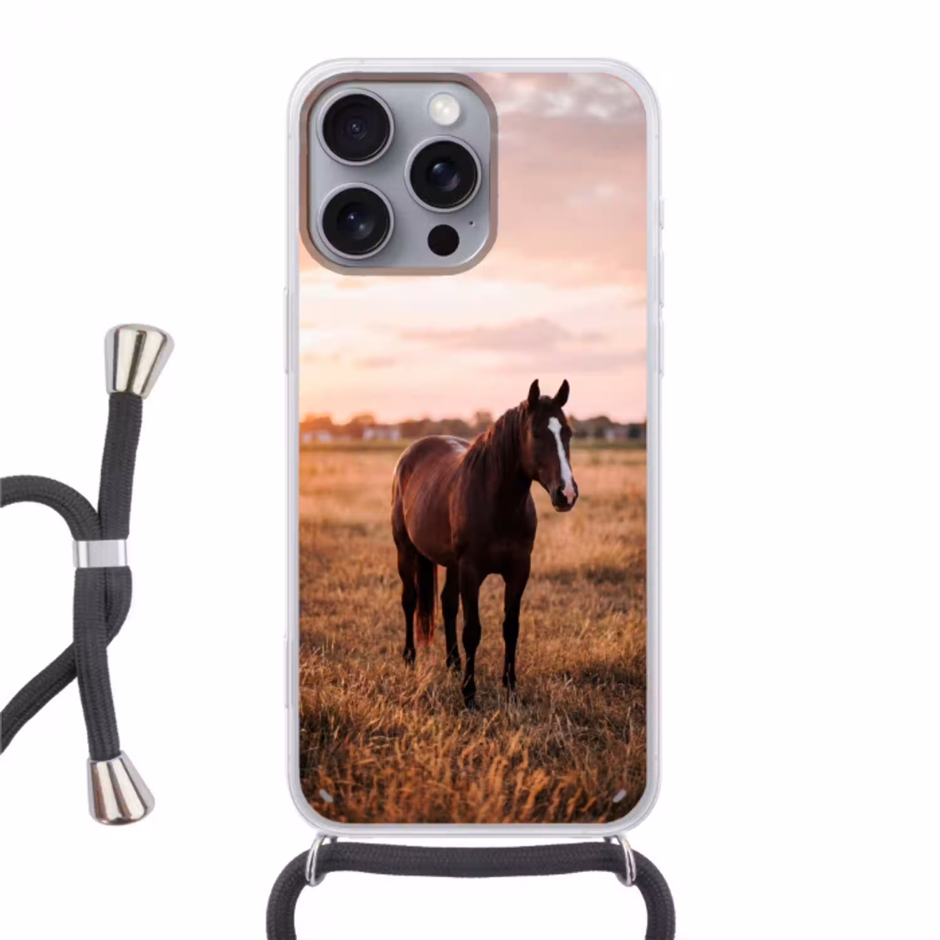 Paard - Zonsondergang - Bruin Hoesje iPhone 16 Pro Max met koord klein -3d