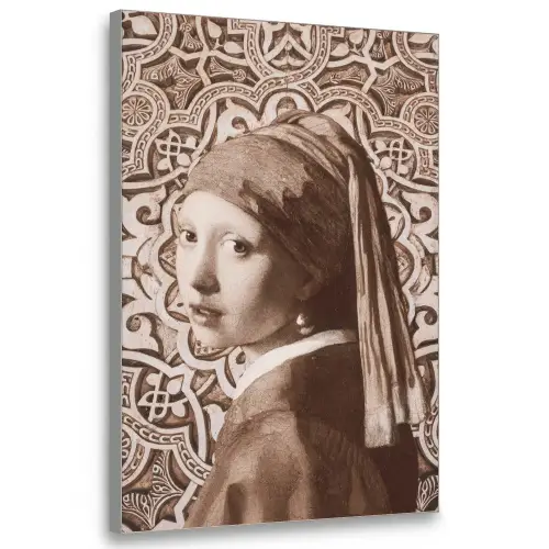 Meisje met de parel - Johannes Vermeer - Sepia Textielframe zilver middel -3d