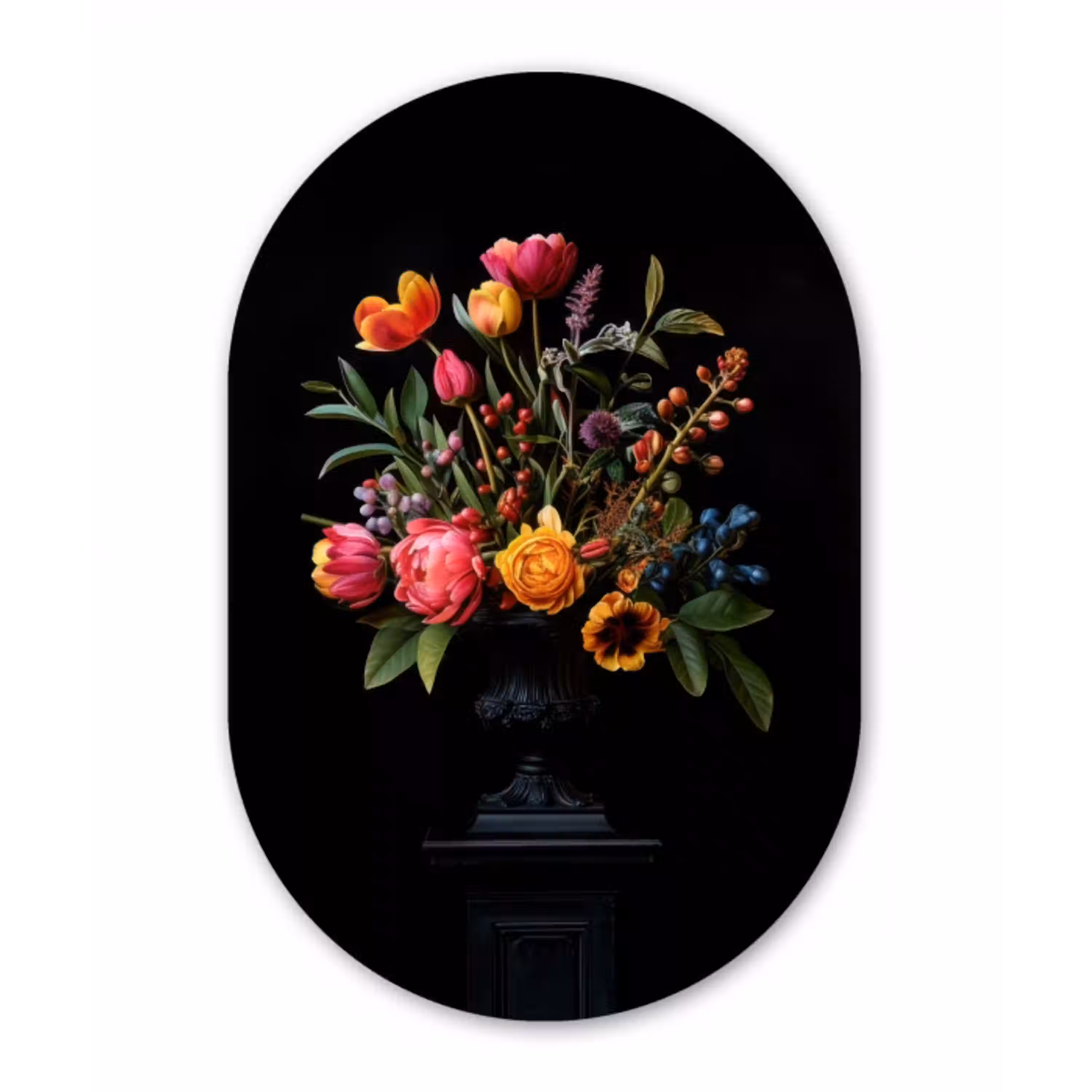 Tulpen - Bessen - Boeket - Vaas Wandcirkel Ovaal Aluminium middel -3d