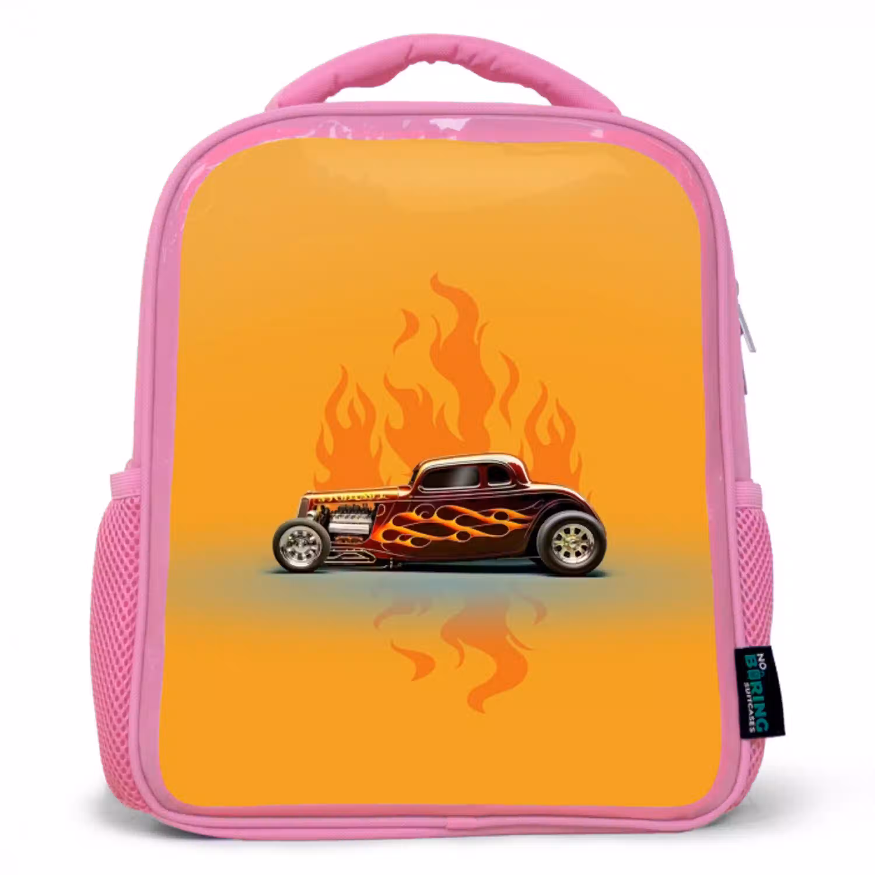 Bruine auto met gele vlammen Kinderrugzak - Roze middel -3d