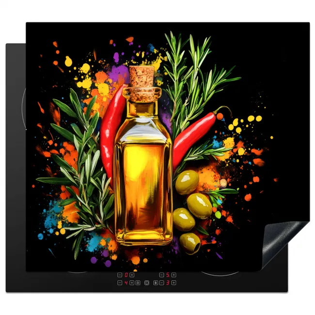 Olijfolie - Graffiti - Peper - Olijven - Modern Inductie beschermer vinyl 3mm middel -3d