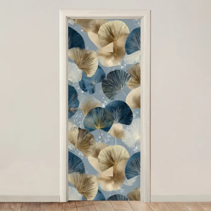 Bladeren - Abstract - Goud - Blauw deurposter klein -3d_beige