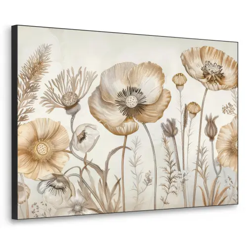 Bloemen - Beige - Natuur - Illustratie Textielframe zwart klein -3d
