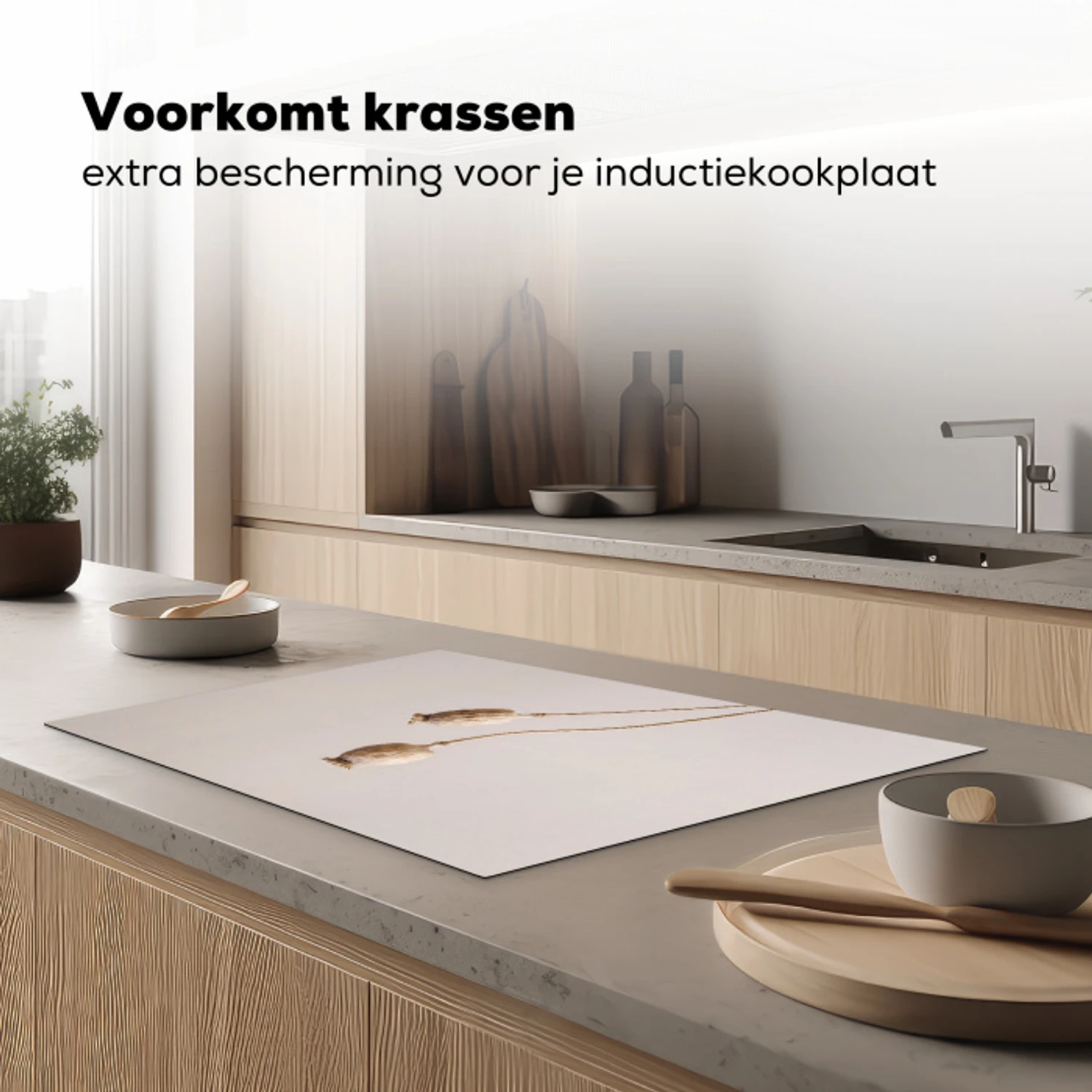 Papaverbollen - Droogbloemen - Minimalistisch - Beige - Rustig Inductie beschermer vinyl 3mm klein -sfeer1