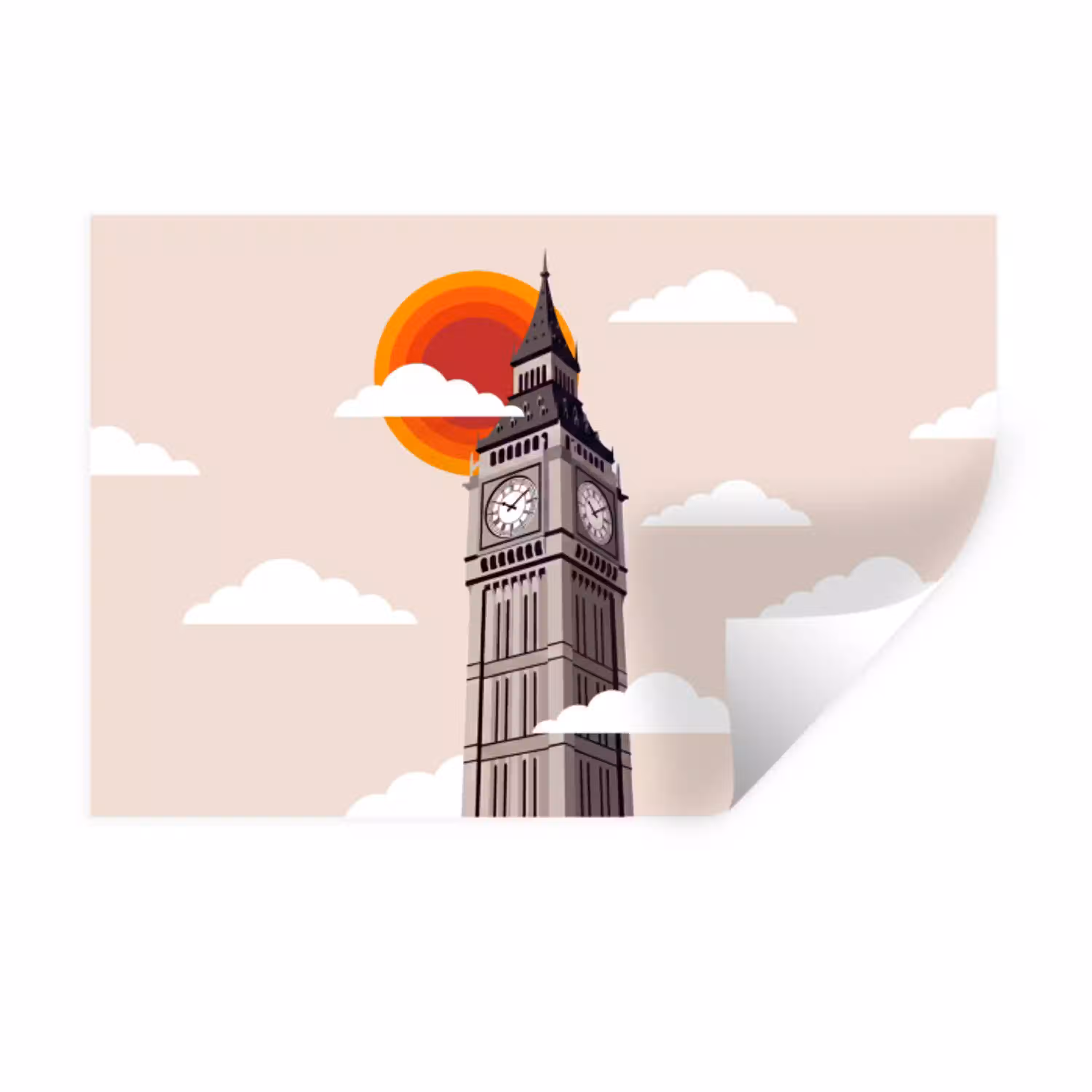 Toren - Klok - Londen - Architectuur - Retro Muursticker klein -3d