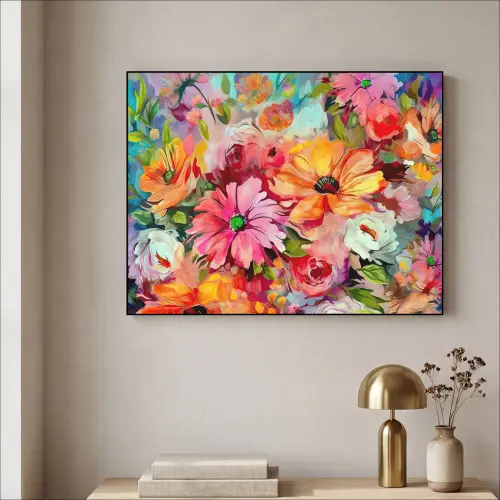 Bloemen - Kleurrijk - Kunst - Olieverf Textielframe zwart klein -sfeer2