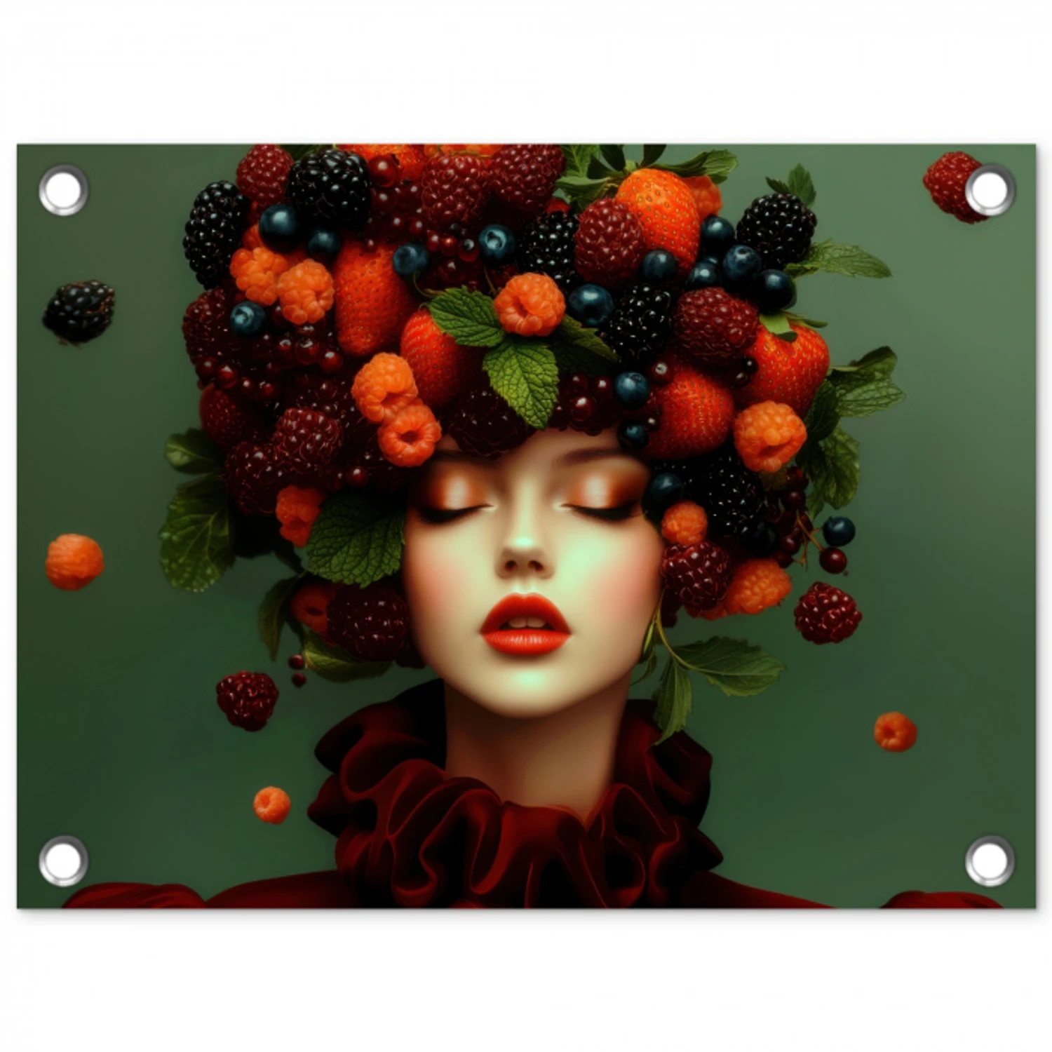 Vrouw - Aardbeien - Frambozen - Bramen - Bessen tuinposter los doek klein -3d