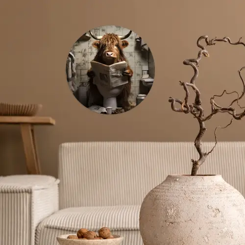 Schotse hooglander - Toilet - Krant - Badkamer Wandcirkel behangsticker klein -sfeer1