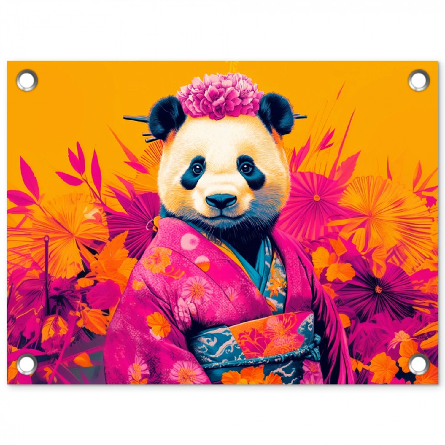 Kimono - Roze - Panda - Bloemenkroon tuinposter los doek klein -3d