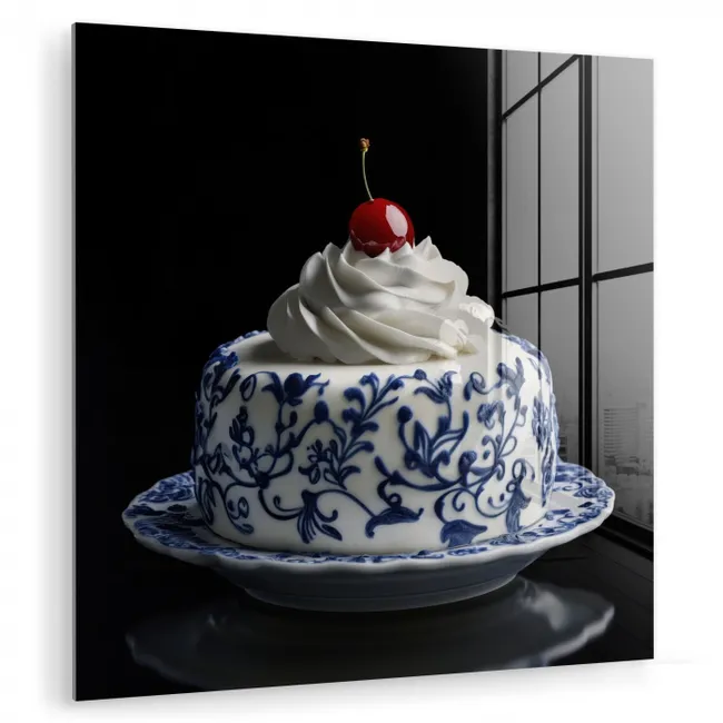 Taart - Slagroom - Kers - Bord - Delfts blauw plexiglas 5mm klein -zzzproduct_nieuw