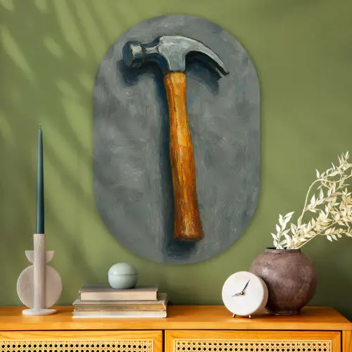 Hamer - Schilderij - Gereedschap Wandcirkel Ovaal Glas middel -sfeer2