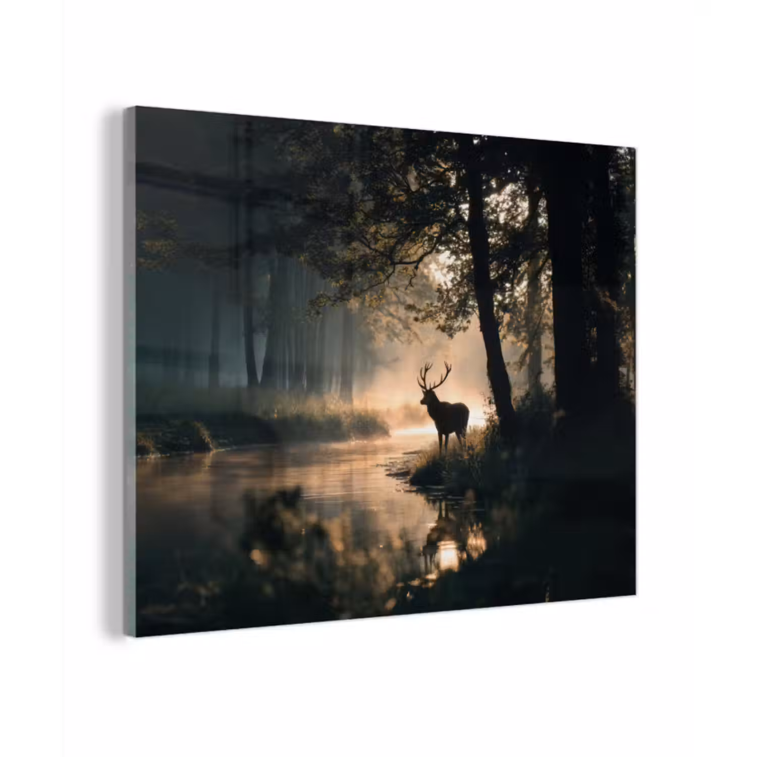 Glas schilderij - Hert - Bosbeek - Mystiek