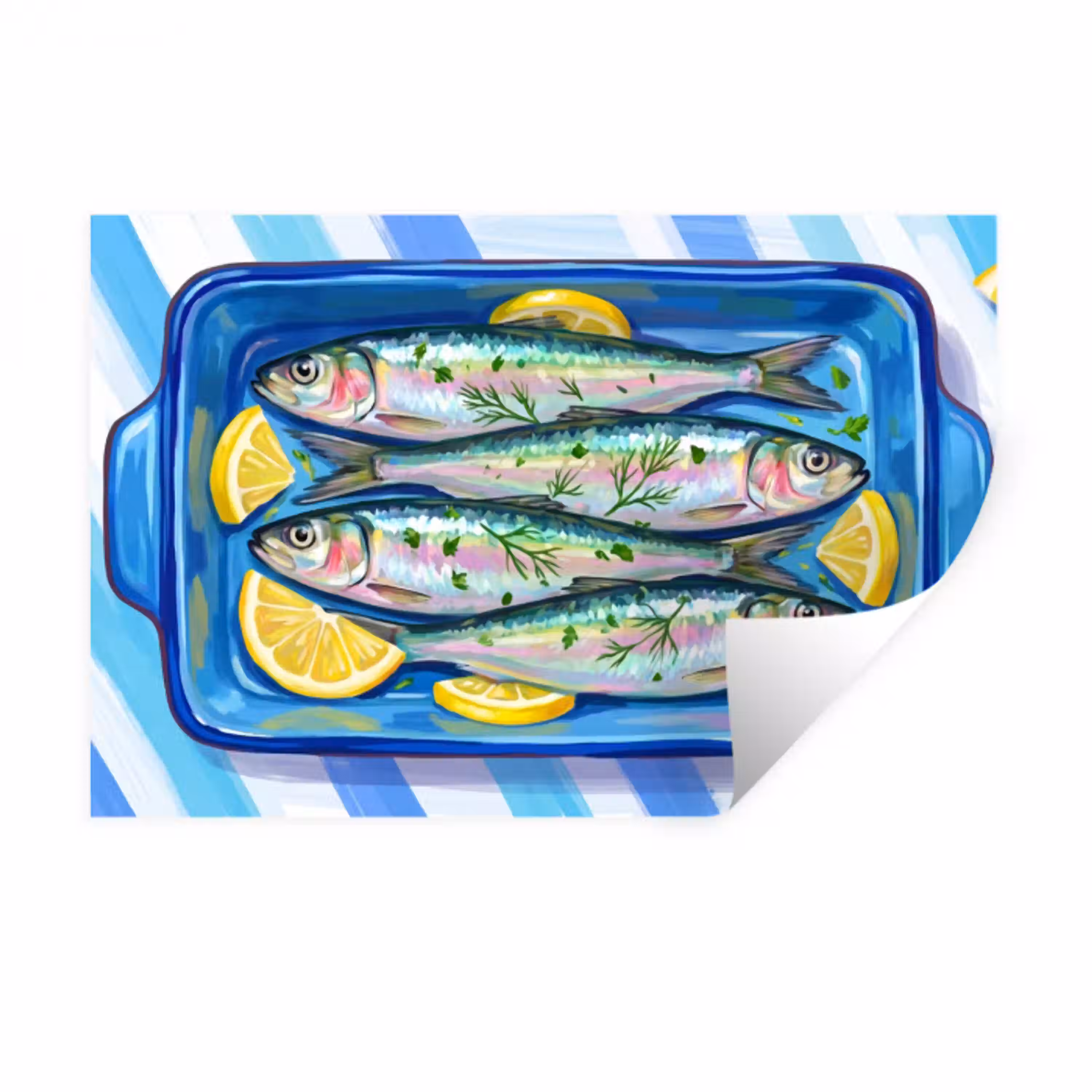 Vis - Citroen - Kruiden - Eten - Blauw Muursticker klein -3d
