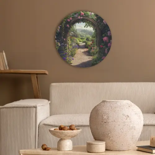 Doorkijk - Landschap - Bloemen - Rozenboog - Natuur Akoestische PET Vilt - Rond klein -sfeer1