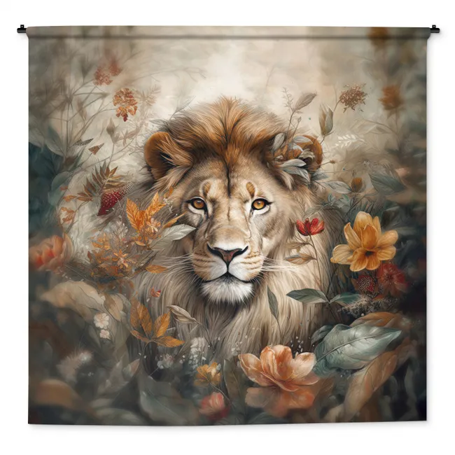 Wandkleed - Leeuw - Wilde dieren - Planten - Natuur - Bloemen