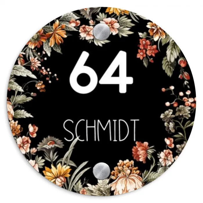 Bloemen - Zwart - Modern Naambord Rond klein -3d