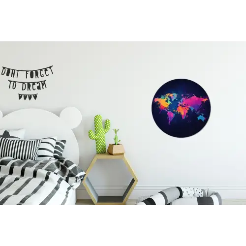 Wereldkaart - Kleurrijk - Graffiti Wandcirkel aluminium klein -kinderkamer