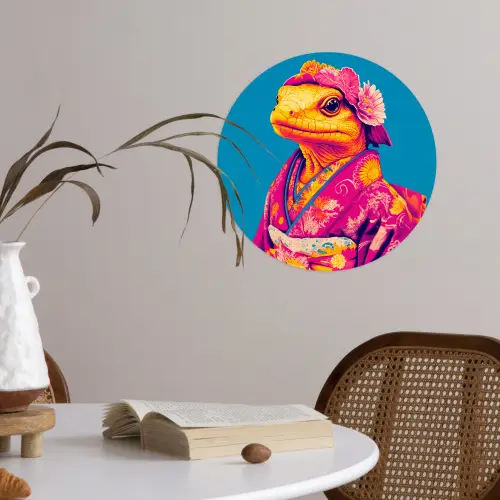 Bloemenkrans - Hagedis - Kimono - Paars Wandcirkel behangsticker klein -sfeer3