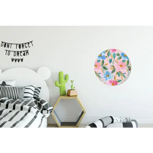 Blauw - Roze - Bloemen Wandcirkel aluminium klein -kinderkamer