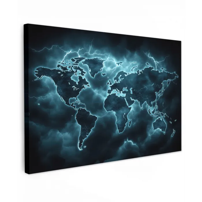 Wereldkaart - Bliksem - Blauw Tuinposter op houten frame 2 cm dik klein -3d