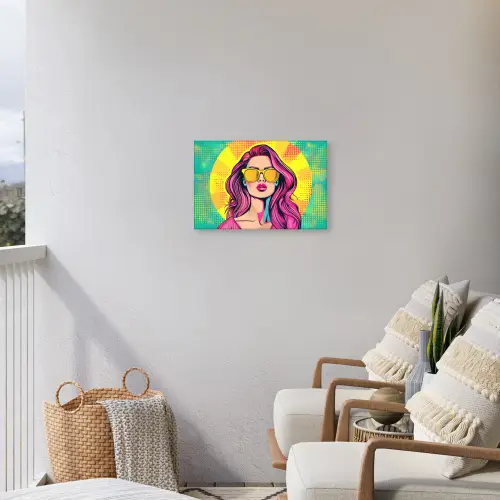 Zonnebril - Vrouw - Zonnig - Geel Tuinposter op houten frame 2 cm dik klein -sfeer1