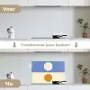 Cirkels - Symmetrisch - Wit - Blauw- Geel keuken achterwand spatscherm klein -voor_na_NL
