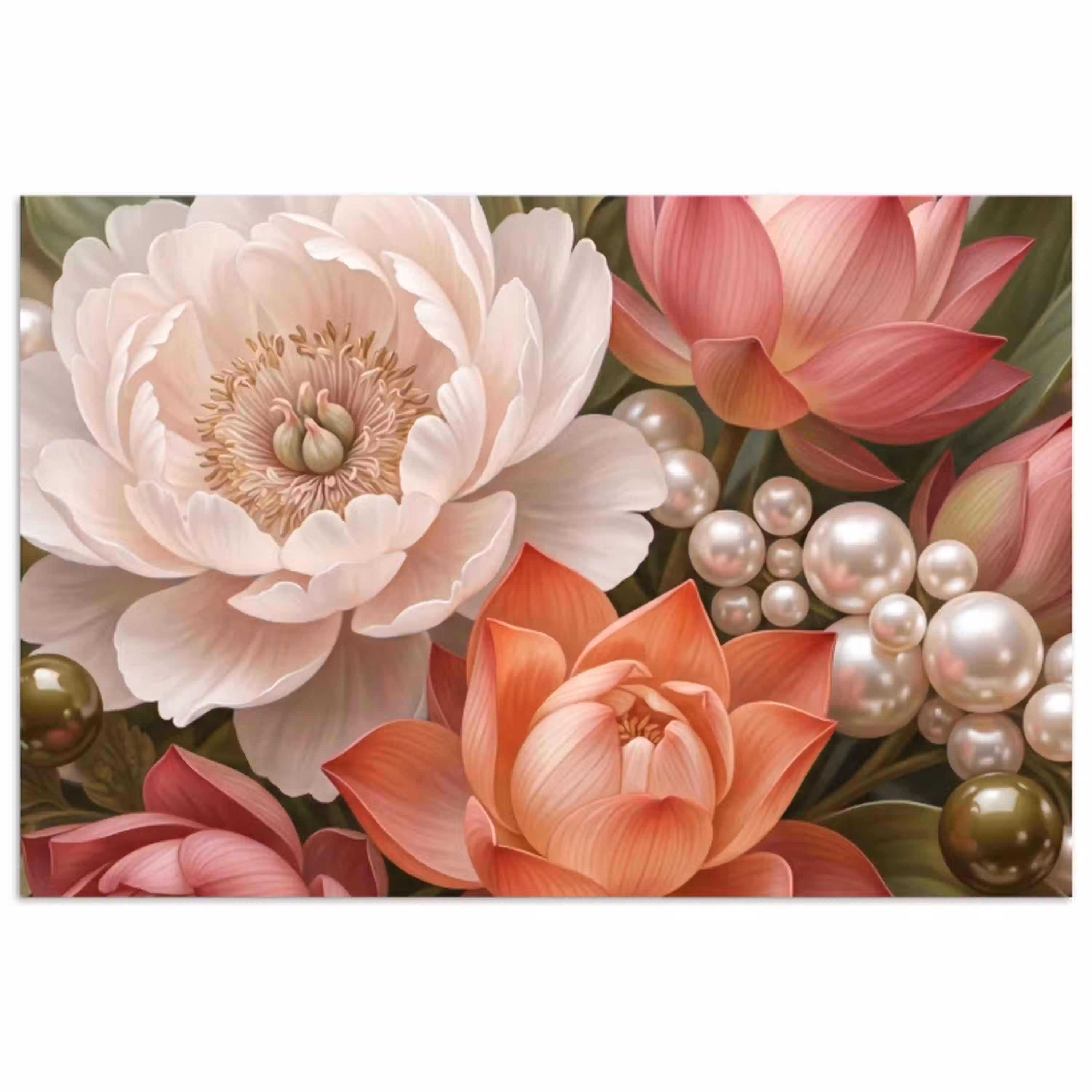Bloemen - Parels - Elegant - Roze - Wit poster papier klein -3d