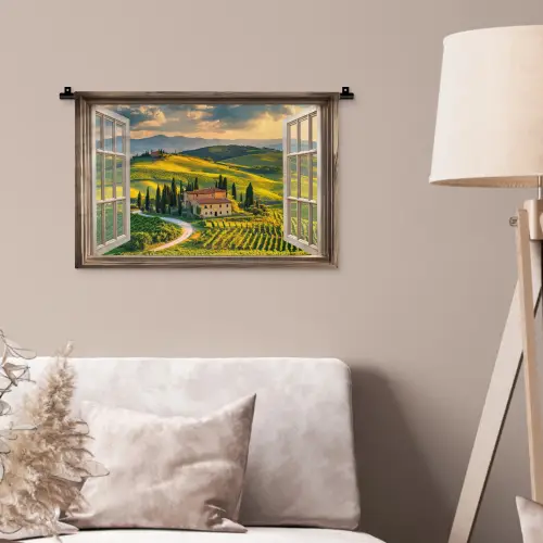Doorkijk - Toscane - Uitzicht - Landschap - Zomer Wandkleed katoen klein -sfeer4