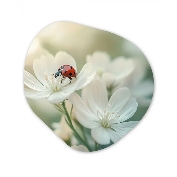Lieveheersbeestje - Bloemen - Wit Wandcirkel Organisch Plexiglas middel -3d