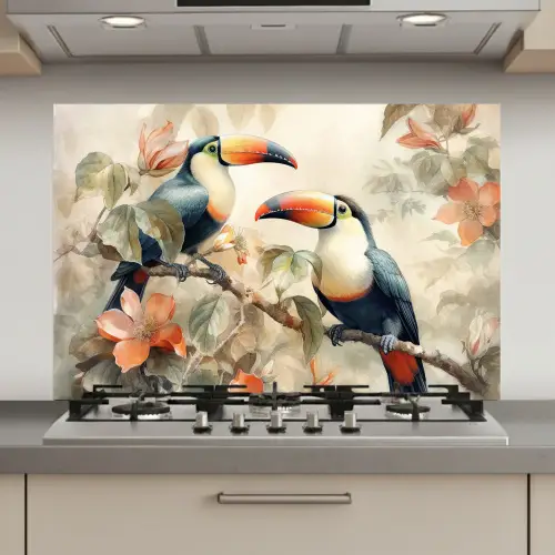 Toekan - Vogels - Bloemen - Tak keuken achterwand spatscherm klein -3d_website