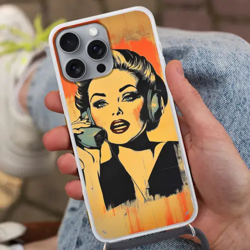 Retro - Vrouw - Koptelefoon - Oranje Hoesje iPhone 16 Pro Max met koord klein -sfeer3