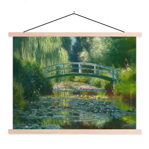 Brug - Hout - Vijver - Waterlelies textielposter latten blank klein -3d