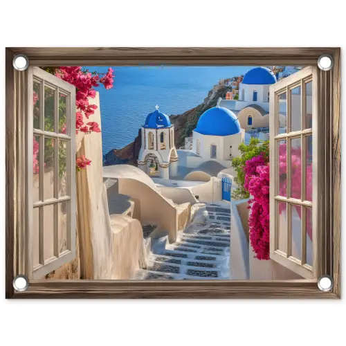 Doorkijk - Santorini - Landschap - Blauw - Grieks tuinposter los doek klein -3d
