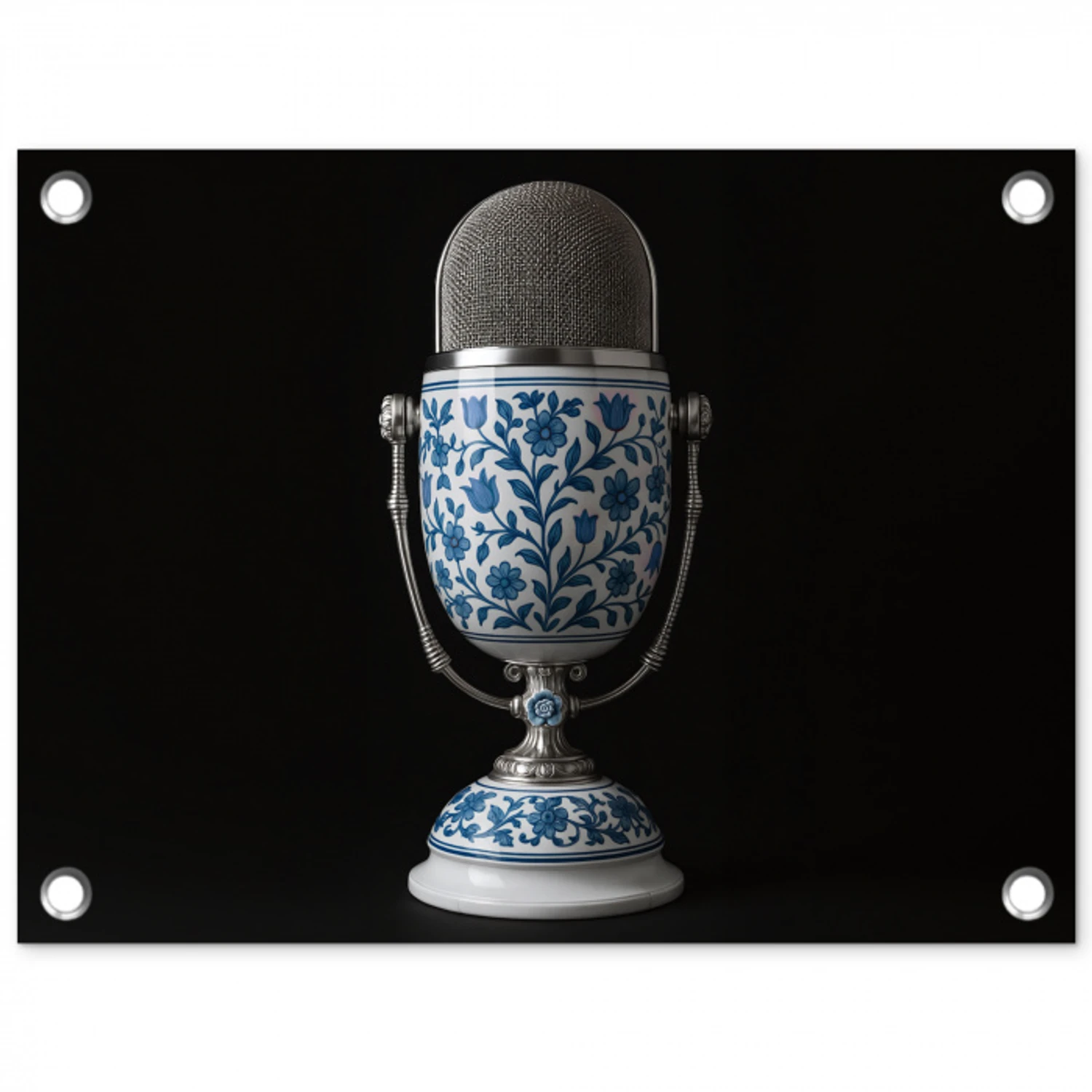 Microfoon - Delfts blauw - Muziek tuinposter los doek klein -3d