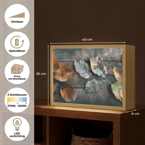 Bladeren - Herfst - Grijs - Natuur Light Box met batterij (Wandlamp) middel -USP_websiteoverzichtNL
