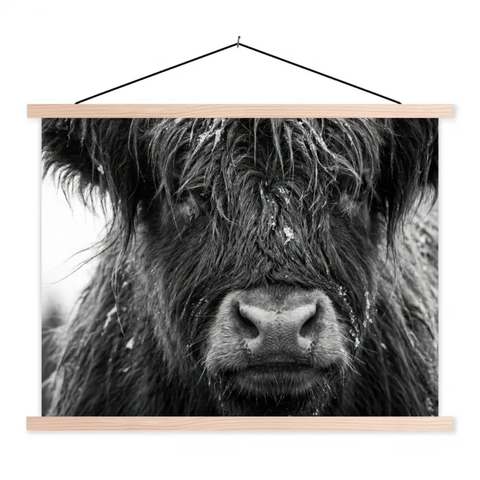 Schotse hooglander - Zwart - Wit - Sneeuwvlokken textielposter latten blank klein -3d