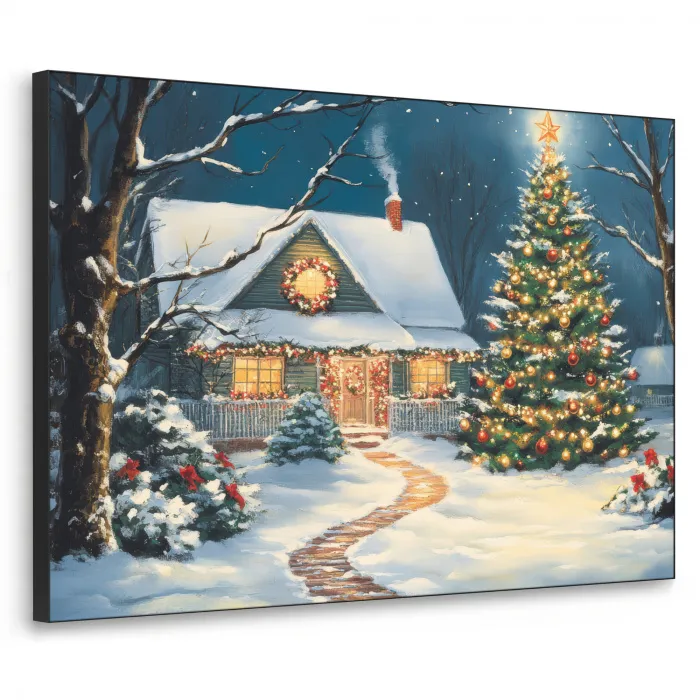 Kerst - Kerstboom - Winter - Huis - Sneeuw Textielframe zwart klein -3d