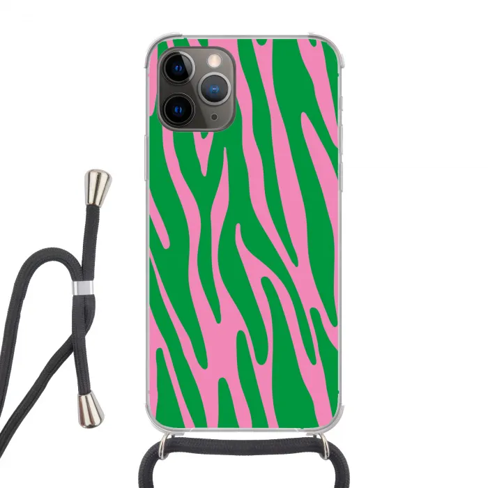 Zebraprint - Roze - Groen - Dierenprint - Kleurrijk Hoesje iPhone 12 Pro met koord klein -3d