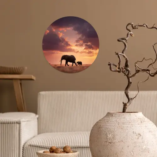 Olifanten - Grasland - Zonsondergang Wandcirkel behangsticker klein -sfeer1