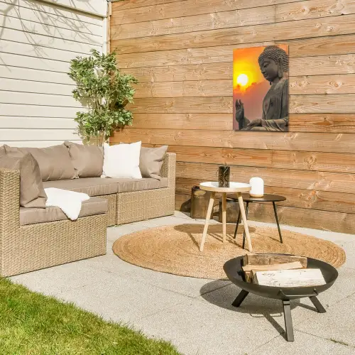 Boeddha bij zonsondergang Tuinposter op houten frame 2 cm dik klein -sfeer2