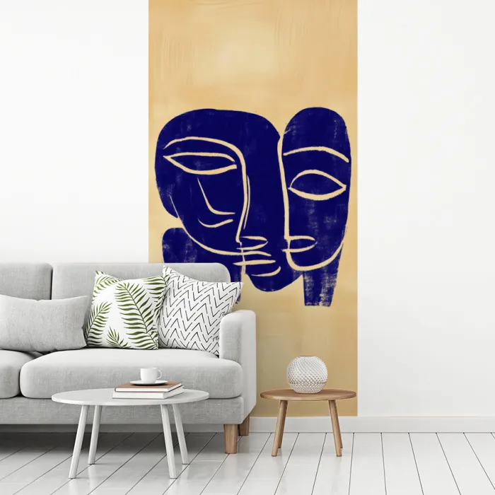 Okergeel - Blauw - Eenvoudige lijnen fotobehang vinyl groot -woonkamer