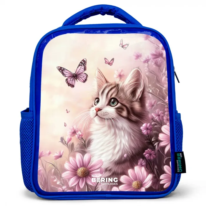 Kat - Paars - Vlinders - Bloemen Kinderrugzak - Blauw middel -3d