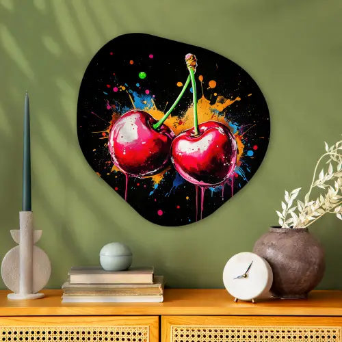 Kersen - Fruit - Graffiti - Verf - Abstract - Modern - Kleurrijk Wandcirkel Organisch Aluminium middel -sfeer2