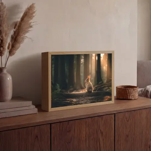 Konijn - Bos - Zonnestralen Light Box met batterij (Wandlamp) middel -sfeer2